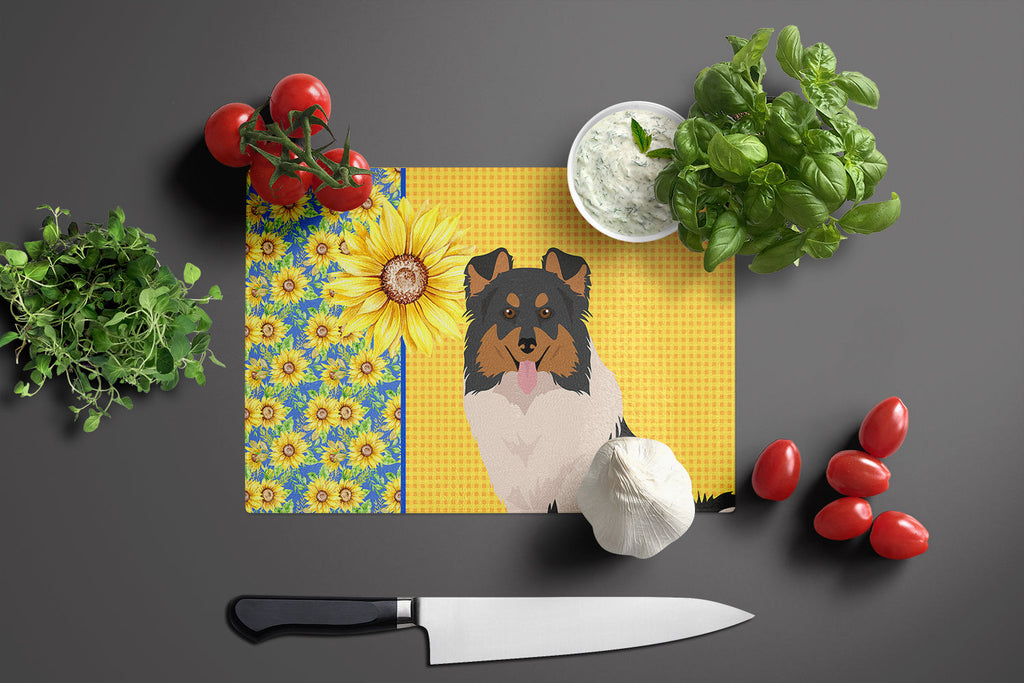 Summer Sunflowers Tricolor Sheltie Cutting Board Tempered Glass Kitchen Cutting Surface, Heat Resistant Chopping, Non-Slip Feet, Food Prep & Serving