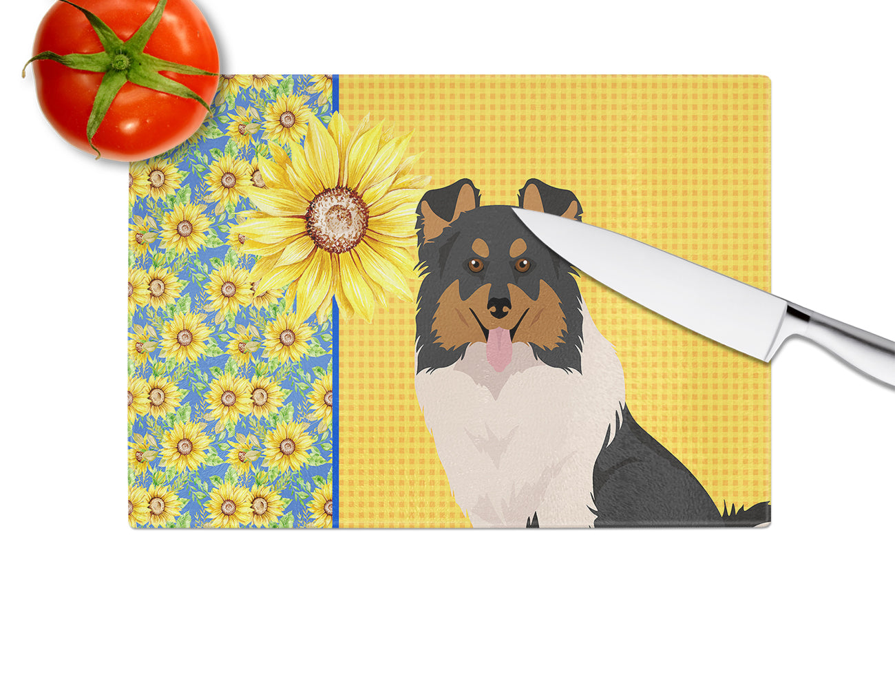 Summer Sunflowers Tricolor Sheltie Cutting Board Tempered Glass Kitchen Cutting Surface, Heat Resistant Chopping, Non-Slip Feet, Food Prep & Serving
