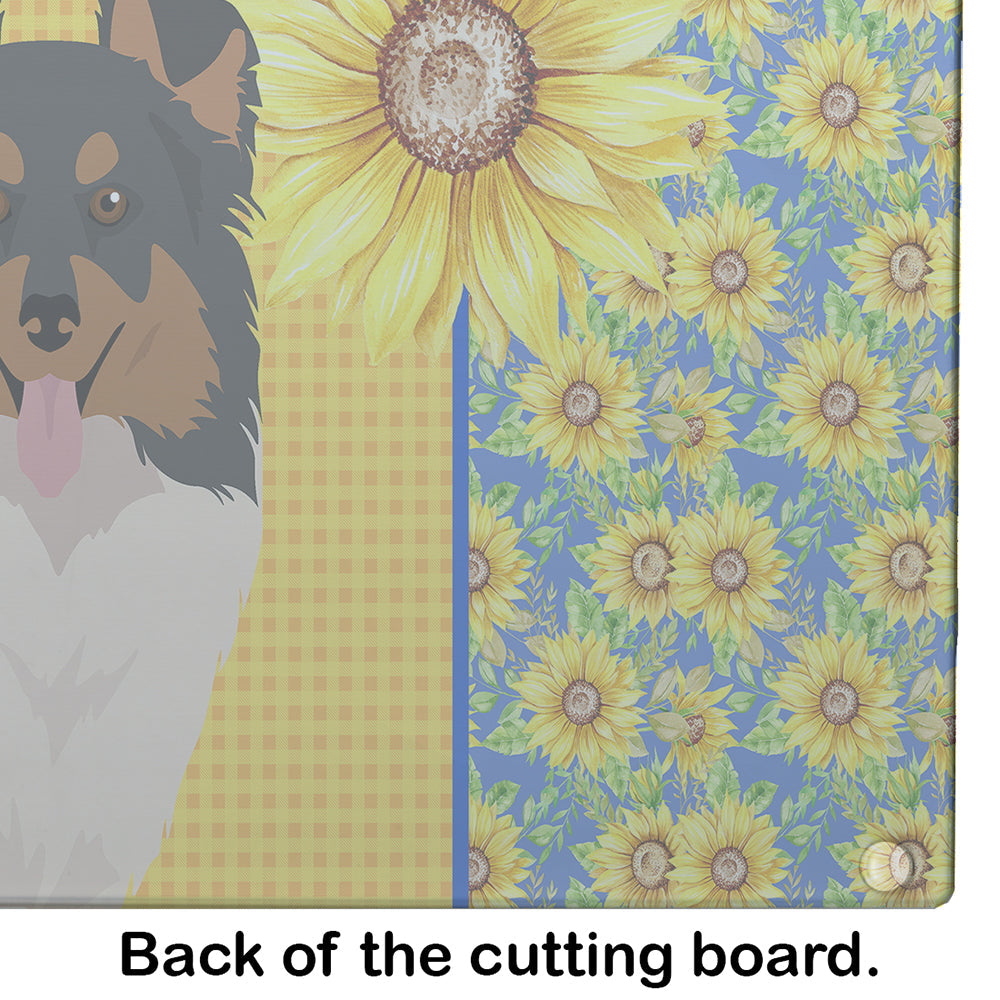 Summer Sunflowers Tricolor Sheltie Cutting Board Tempered Glass Kitchen Cutting Surface, Heat Resistant Chopping, Non-Slip Feet, Food Prep & Serving