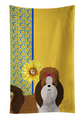 Summer Sunflowers Red and White Shih Tzu Kitchen Towel Velour Plush Front and Cotton Loop Back Machine Washable