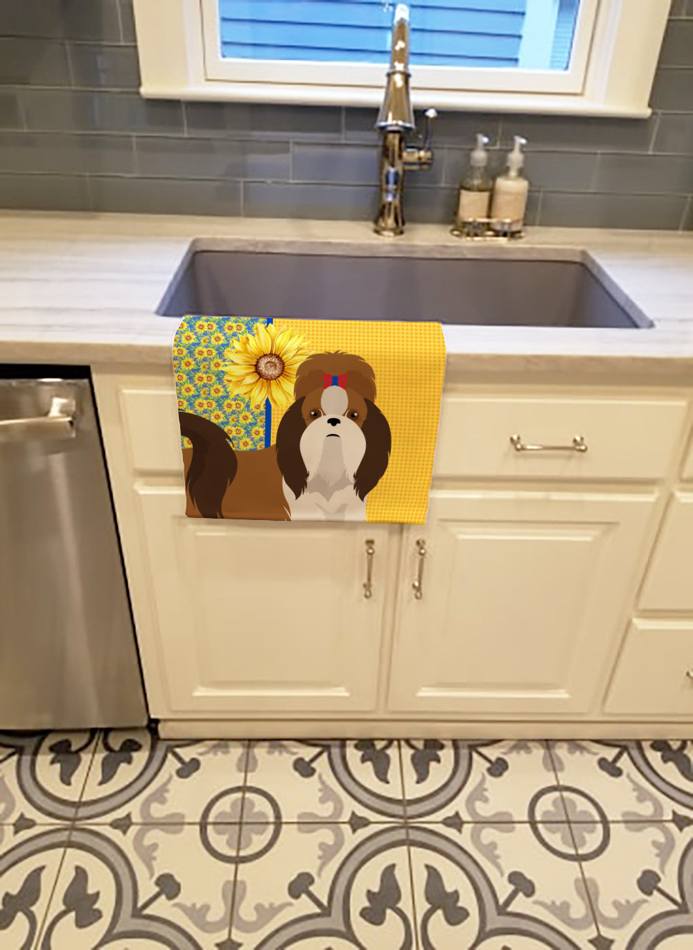 Summer Sunflowers Red and White Shih Tzu Kitchen Towel Velour Plush Front and Cotton Loop Back Machine Washable