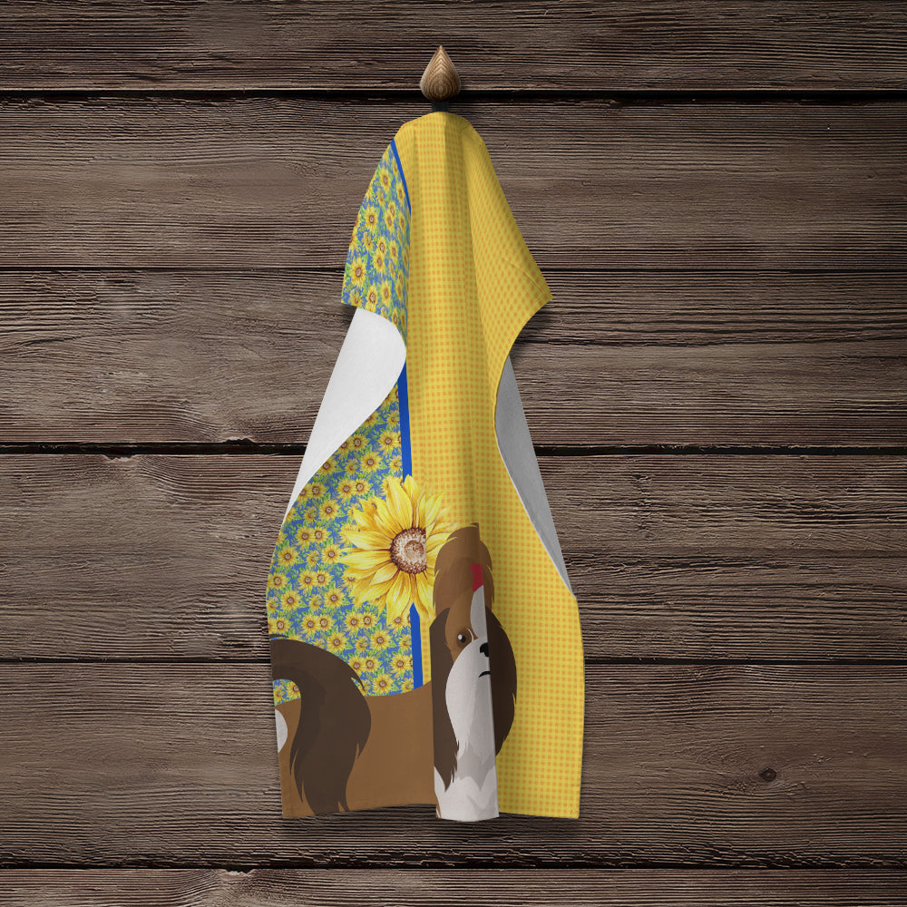 Summer Sunflowers Red and White Shih Tzu Kitchen Towel Velour Plush Front and Cotton Loop Back Machine Washable