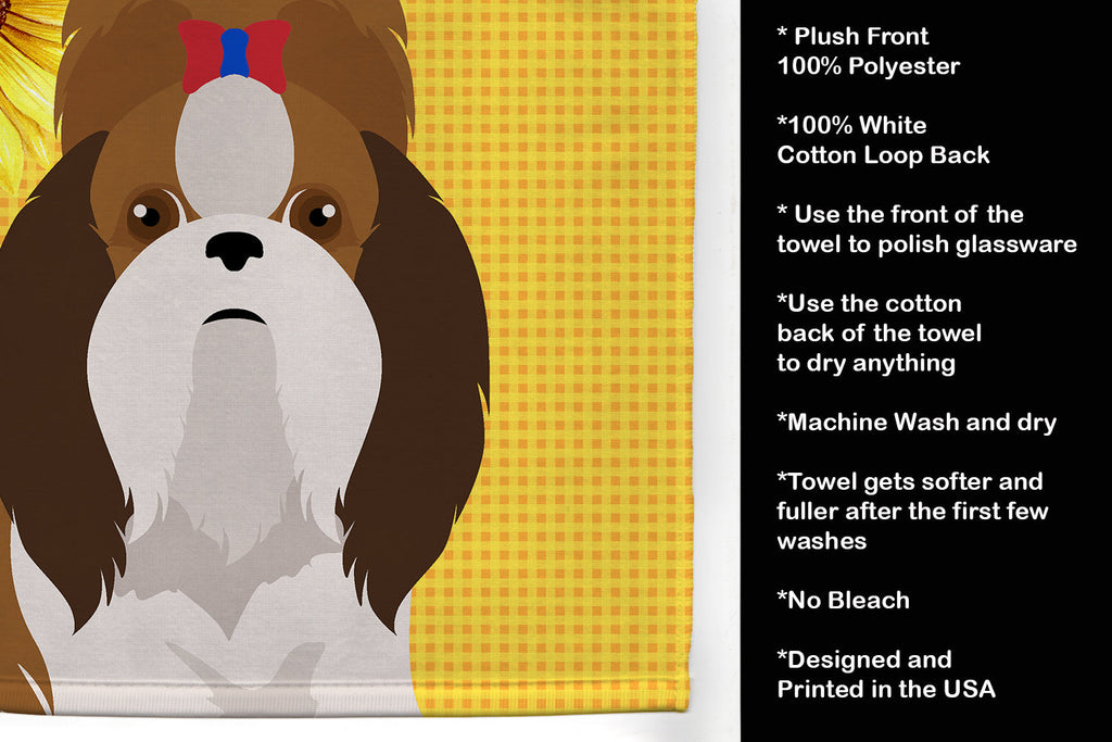 Summer Sunflowers Red and White Shih Tzu Kitchen Towel Velour Plush Front and Cotton Loop Back Machine Washable