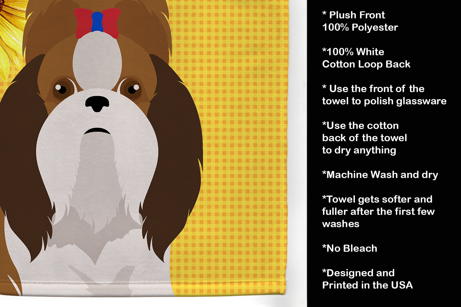 Summer Sunflowers Red and White Shih Tzu Kitchen Towel Velour Plush Front and Cotton Loop Back Machine Washable