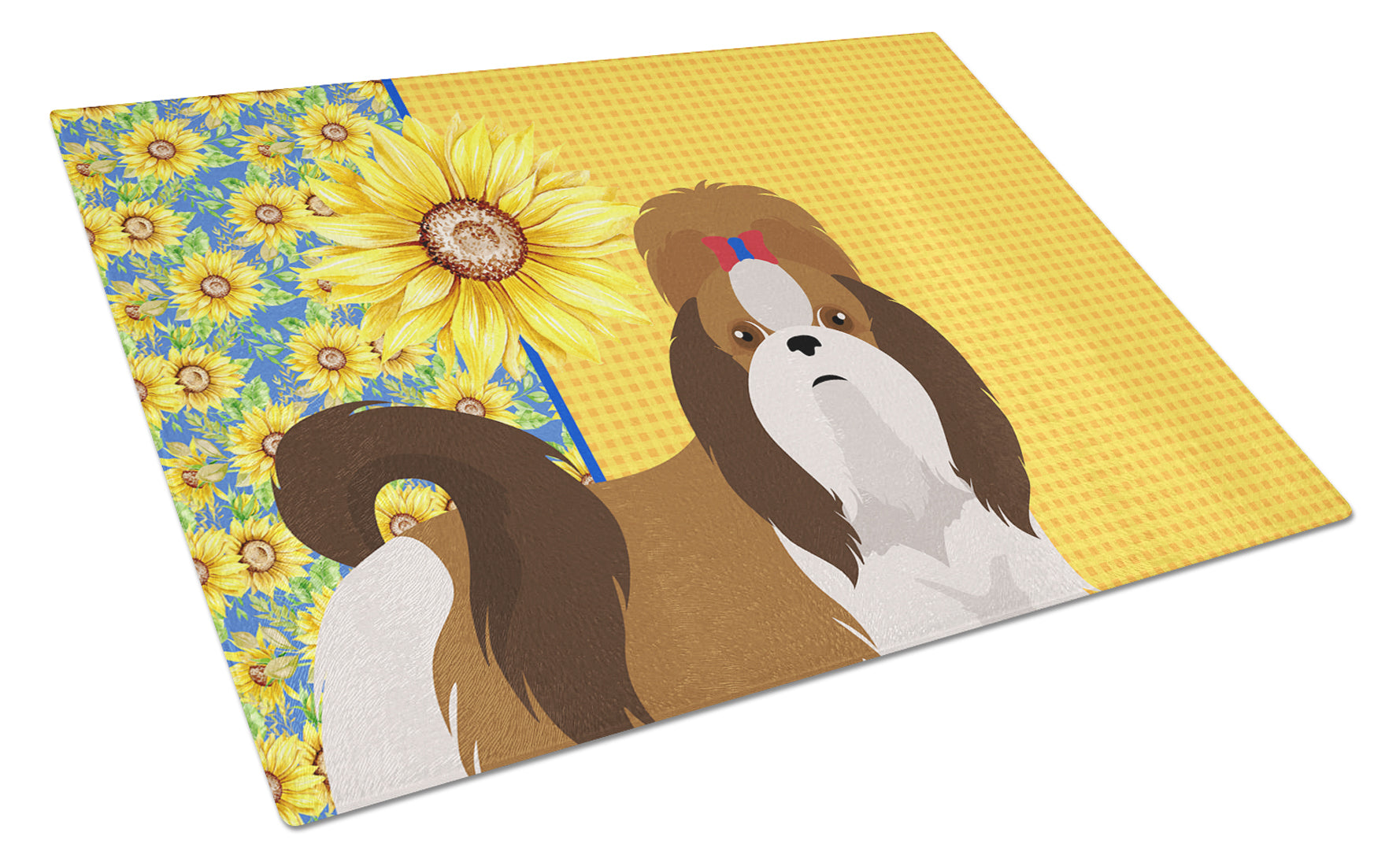 Summer Sunflowers Red and White Shih Tzu Cutting Board Tempered Glass Kitchen Cutting Surface, Heat Resistant Chopping, Non-Slip Feet, Food Prep & Serving