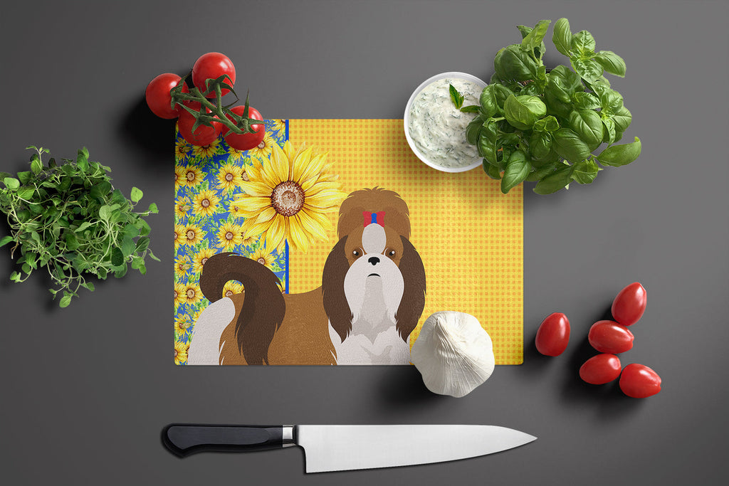Summer Sunflowers Red and White Shih Tzu Cutting Board Tempered Glass Kitchen Cutting Surface, Heat Resistant Chopping, Non-Slip Feet, Food Prep & Serving