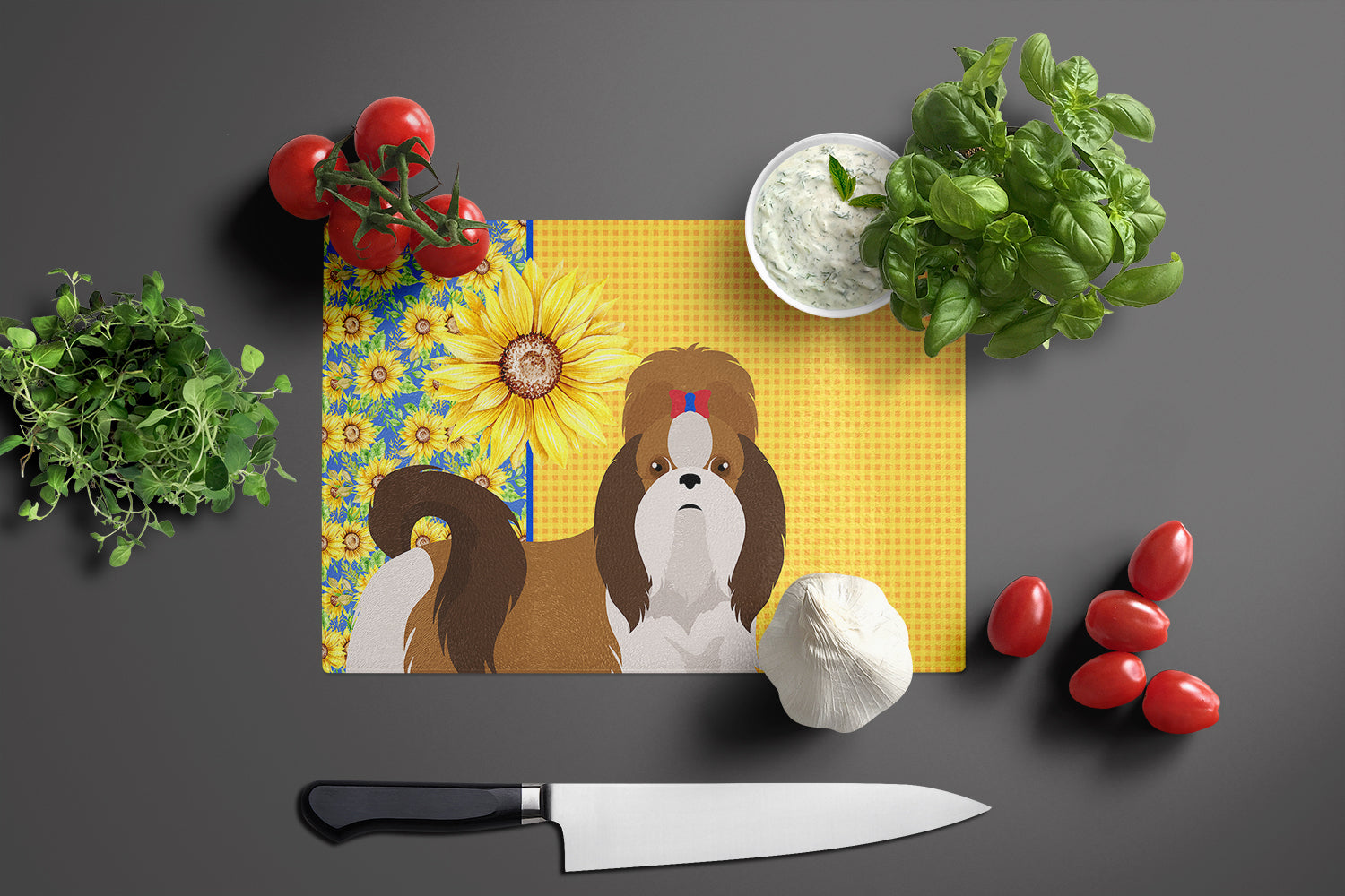 Summer Sunflowers Red and White Shih Tzu Cutting Board Tempered Glass Kitchen Cutting Surface, Heat Resistant Chopping, Non-Slip Feet, Food Prep & Serving
