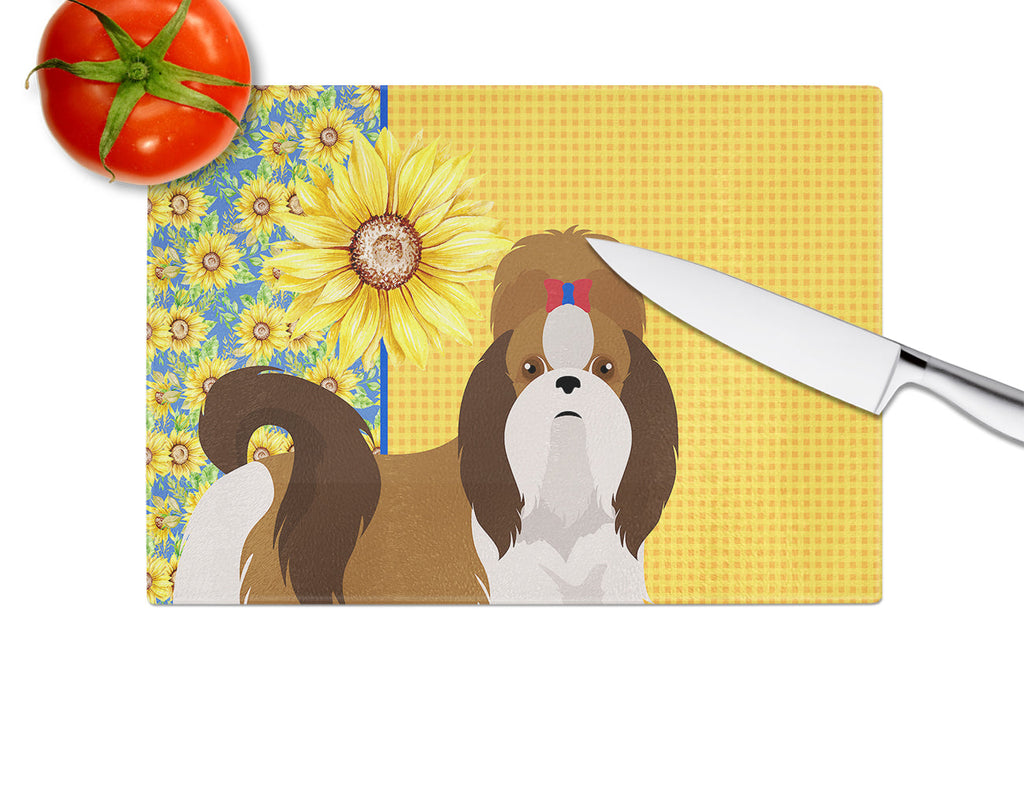 Summer Sunflowers Red and White Shih Tzu Cutting Board Tempered Glass Kitchen Cutting Surface, Heat Resistant Chopping, Non-Slip Feet, Food Prep & Serving