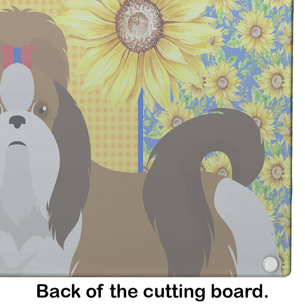 Summer Sunflowers Red and White Shih Tzu Cutting Board Tempered Glass Kitchen Cutting Surface, Heat Resistant Chopping, Non-Slip Feet, Food Prep & Serving