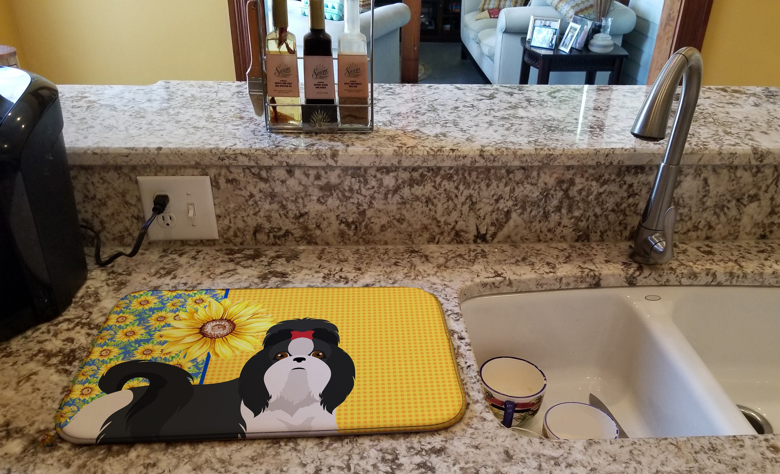 Summer Sunflowers Black and White Shih Tzu Dish Drying Mat Absorbent Dish Drying Mat Pad for Kitchen Counter Dish Drainer Mat for Countertop, 14 x 21", Multicolor