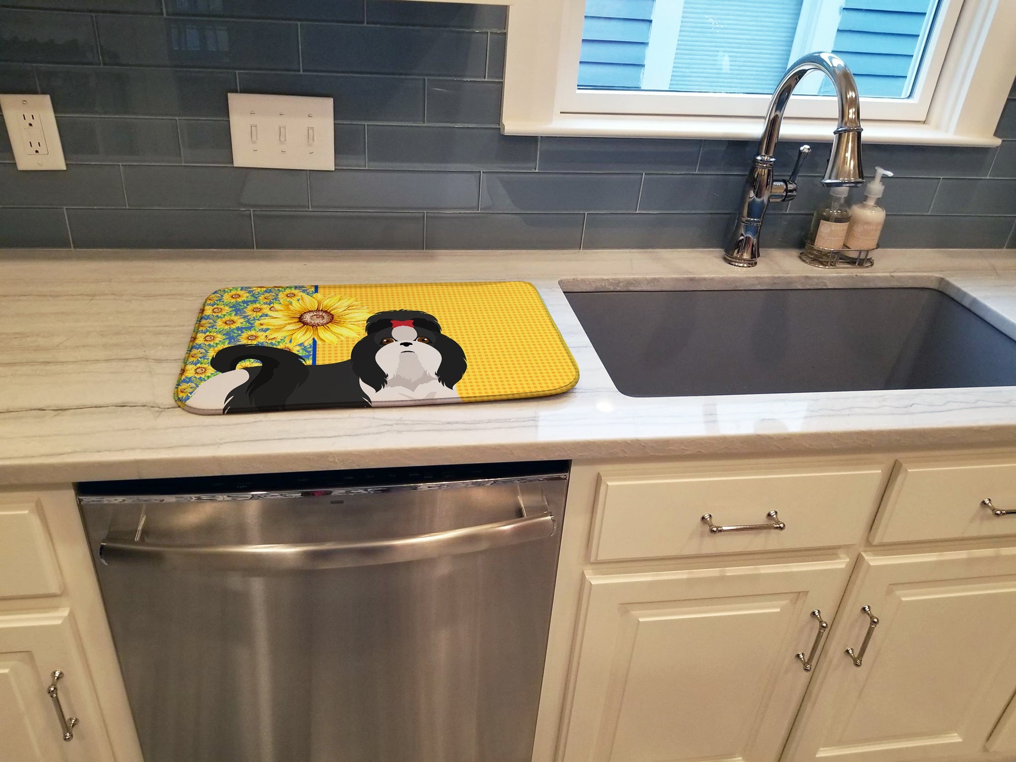 Summer Sunflowers Black and White Shih Tzu Dish Drying Mat Absorbent Dish Drying Mat Pad for Kitchen Counter Dish Drainer Mat for Countertop, 14 x 21", Multicolor