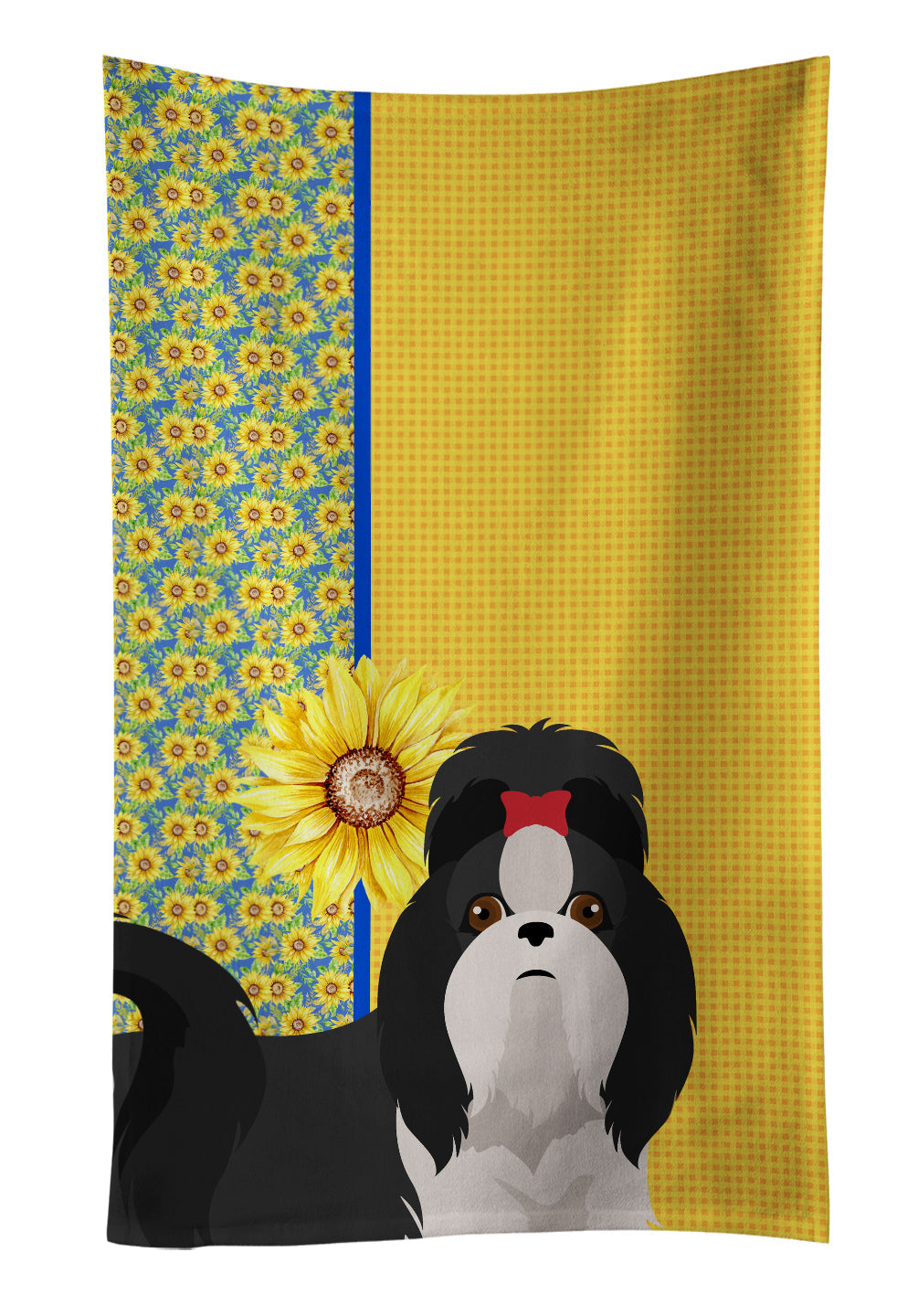 Summer Sunflowers Black and White Shih Tzu Kitchen Towel Velour Plush Front and Cotton Loop Back Machine Washable