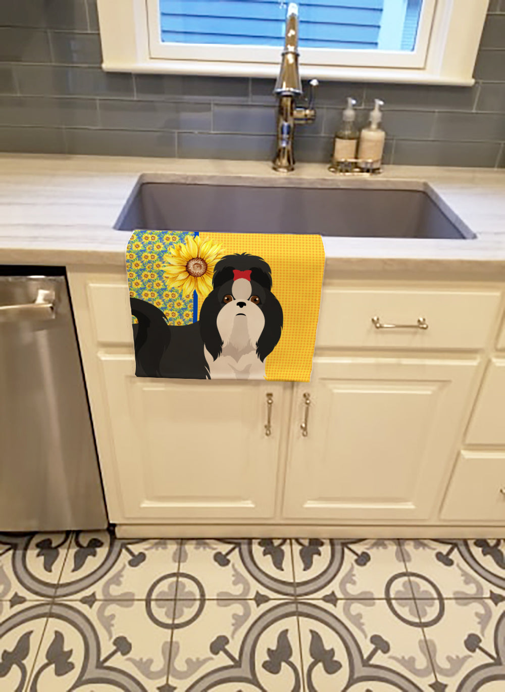 Summer Sunflowers Black and White Shih Tzu Kitchen Towel Velour Plush Front and Cotton Loop Back Machine Washable