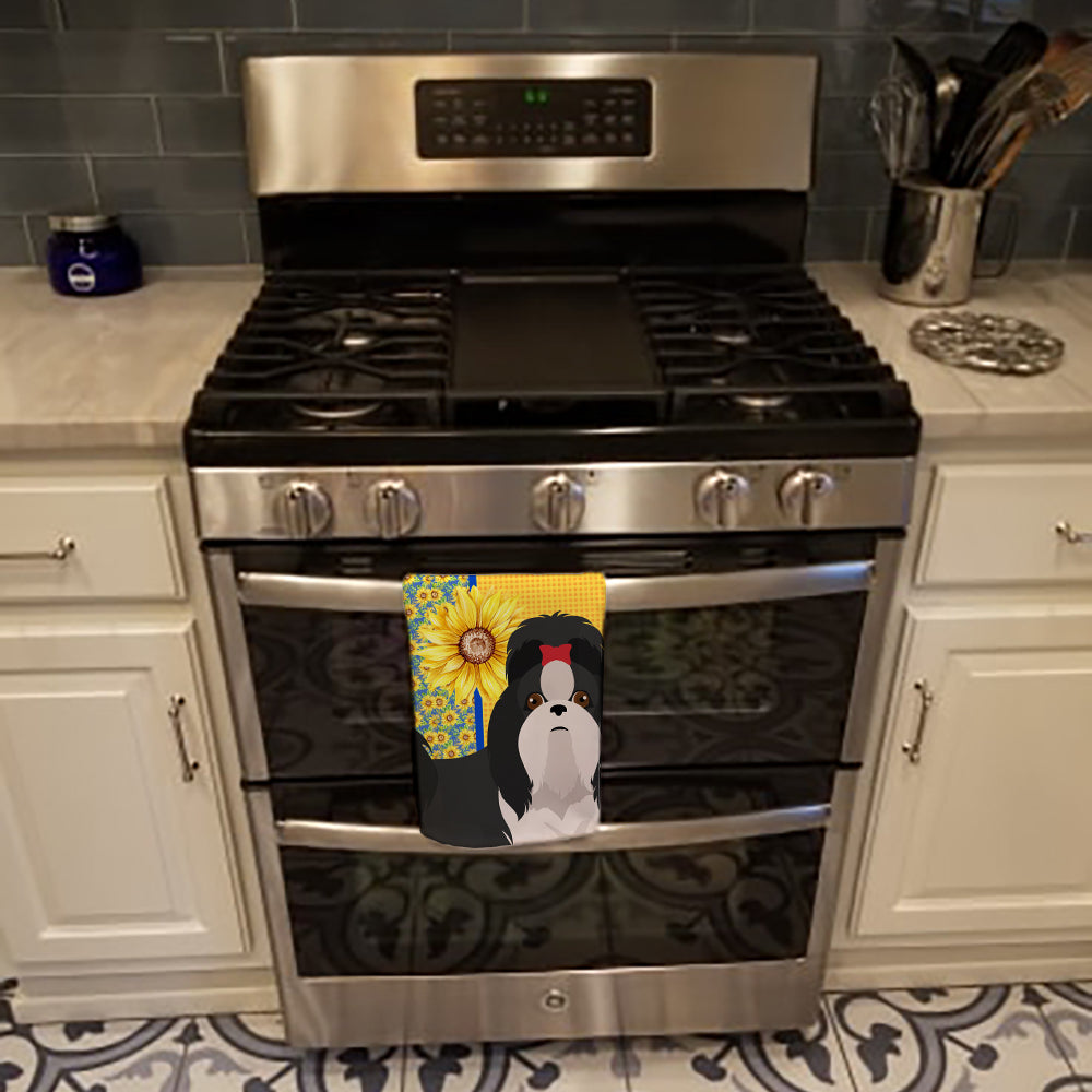 Summer Sunflowers Black and White Shih Tzu Kitchen Towel Velour Plush Front and Cotton Loop Back Machine Washable