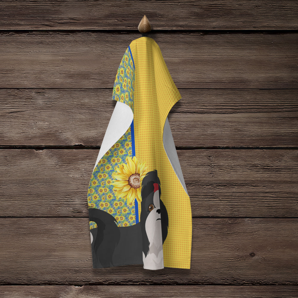Summer Sunflowers Black and White Shih Tzu Kitchen Towel Velour Plush Front and Cotton Loop Back Machine Washable
