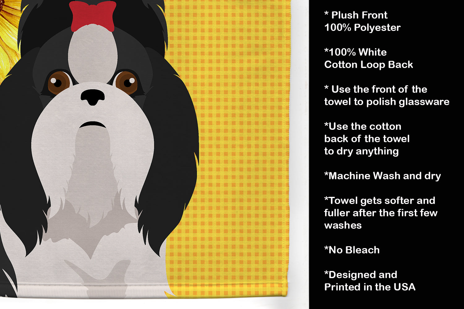 Summer Sunflowers Black and White Shih Tzu Kitchen Towel Velour Plush Front and Cotton Loop Back Machine Washable