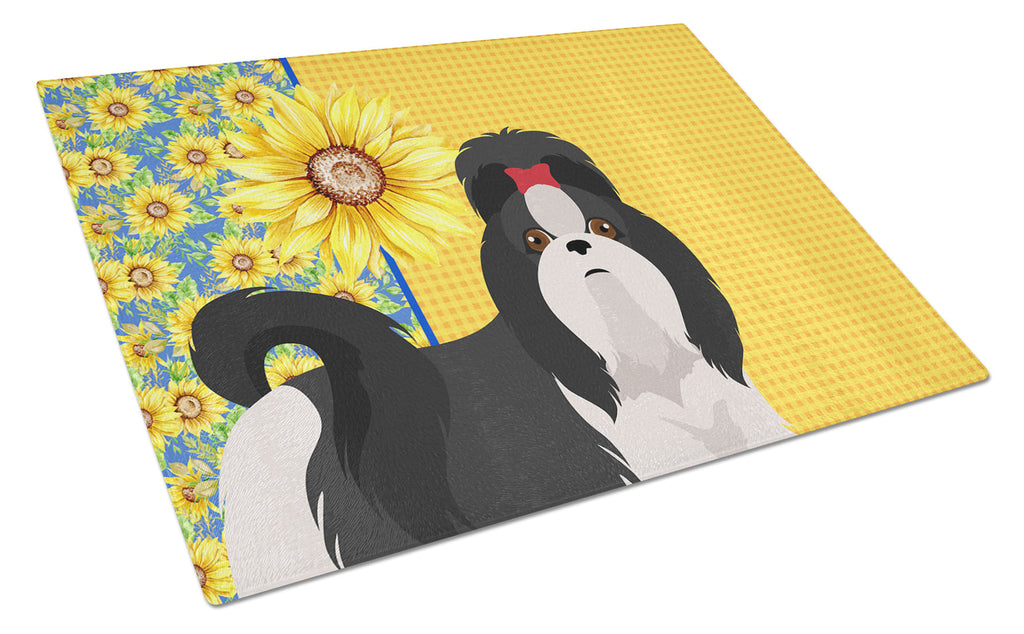 Summer Sunflowers Black and White Shih Tzu Cutting Board Tempered Glass Kitchen Cutting Surface, Heat Resistant Chopping, Non-Slip Feet, Food Prep & Serving