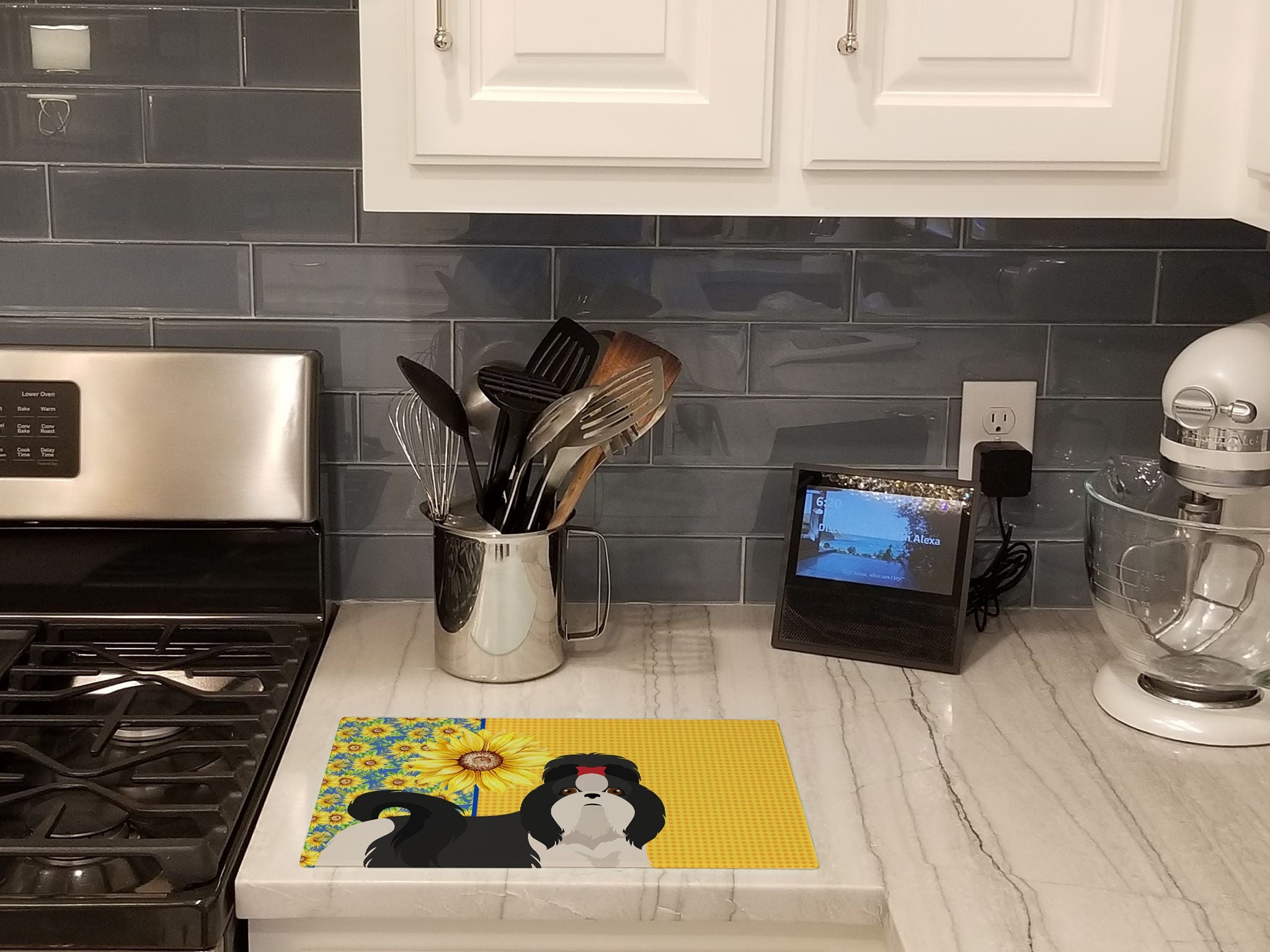 Summer Sunflowers Black and White Shih Tzu Cutting Board Tempered Glass Kitchen Cutting Surface, Heat Resistant Chopping, Non-Slip Feet, Food Prep & Serving