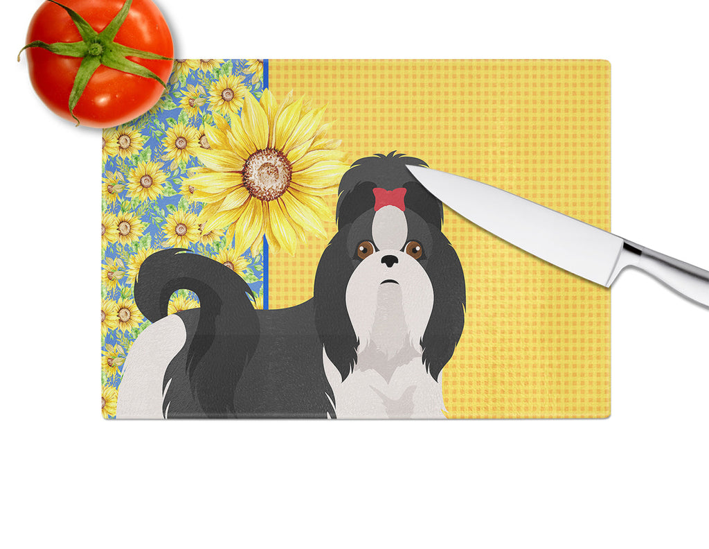 Summer Sunflowers Black and White Shih Tzu Cutting Board Tempered Glass Kitchen Cutting Surface, Heat Resistant Chopping, Non-Slip Feet, Food Prep & Serving