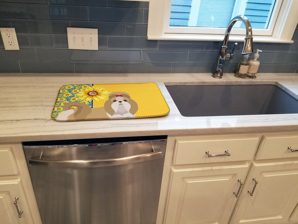 Summer Sunflowers Gold and White Shih Tzu Dish Drying Mat Absorbent Dish Drying Mat Pad for Kitchen Counter Dish Drainer Mat for Countertop, 14 x 21", Multicolor