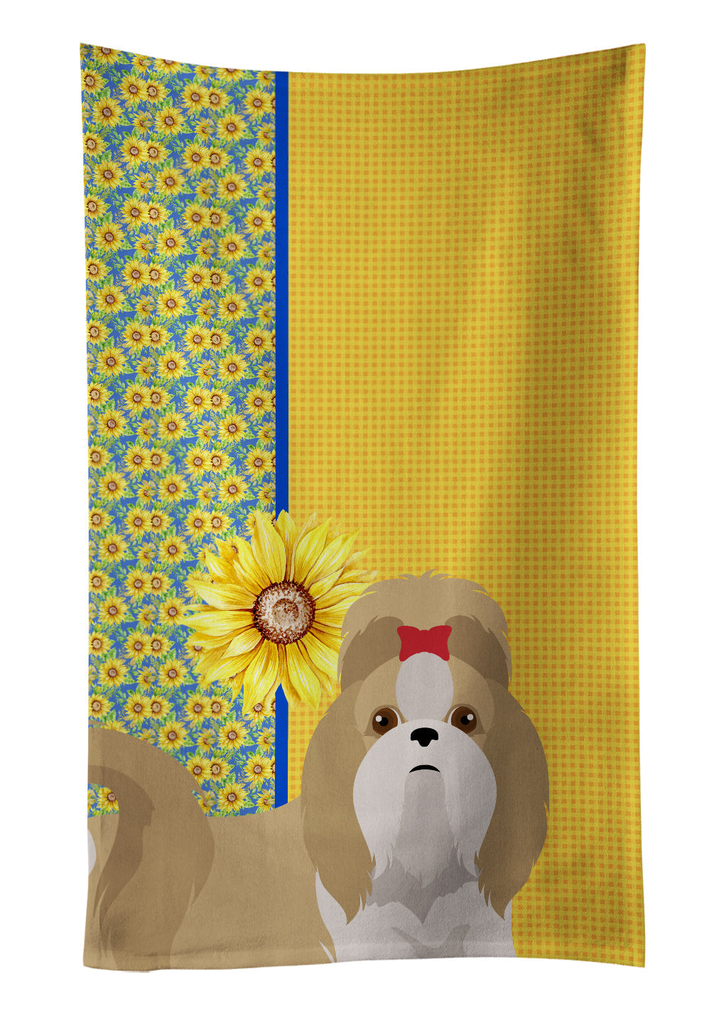 Summer Sunflowers Gold and White Shih Tzu Kitchen Towel Velour Plush Front and Cotton Loop Back Machine Washable