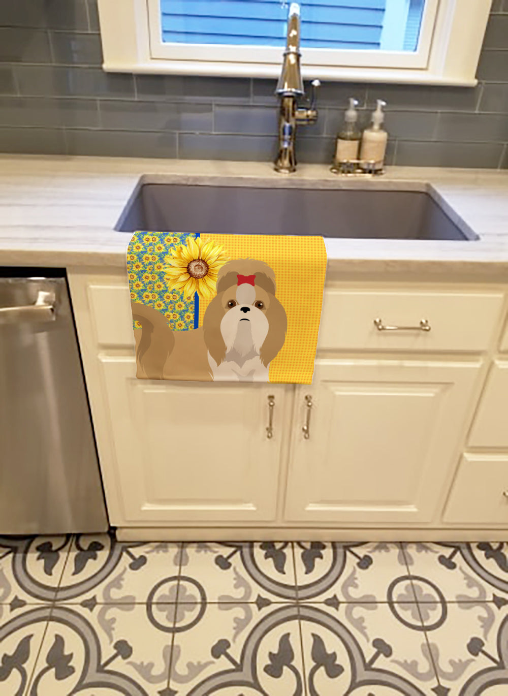 Summer Sunflowers Gold and White Shih Tzu Kitchen Towel Velour Plush Front and Cotton Loop Back Machine Washable