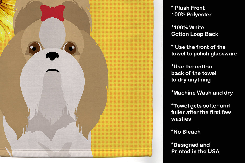 Summer Sunflowers Gold and White Shih Tzu Kitchen Towel Velour Plush Front and Cotton Loop Back Machine Washable