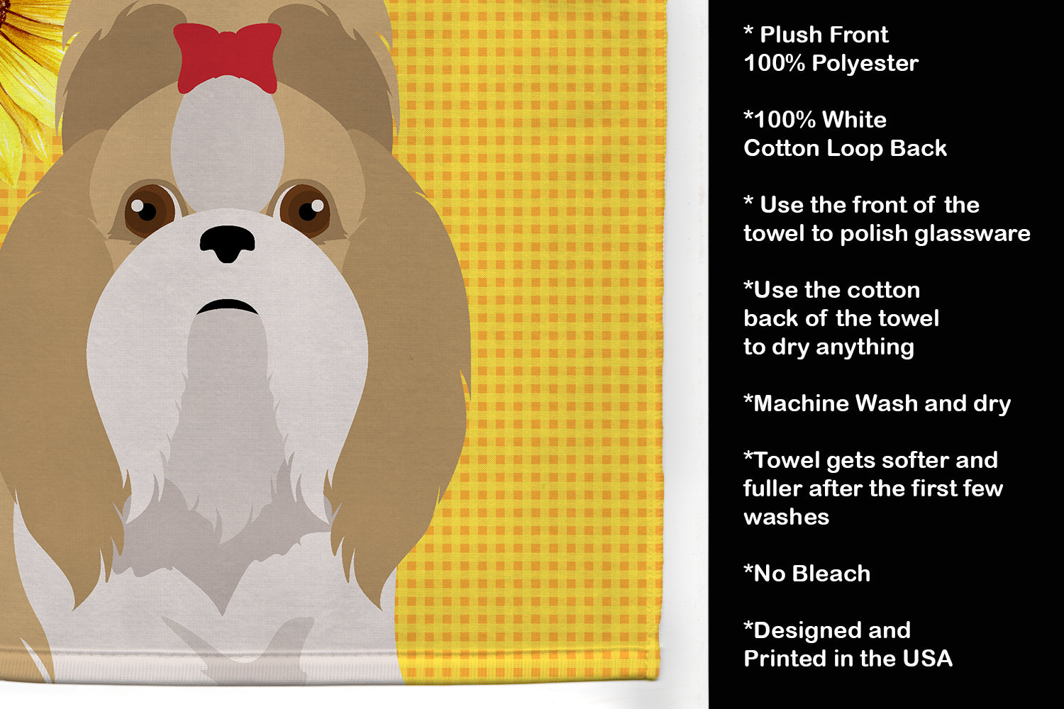 Summer Sunflowers Gold and White Shih Tzu Kitchen Towel Velour Plush Front and Cotton Loop Back Machine Washable