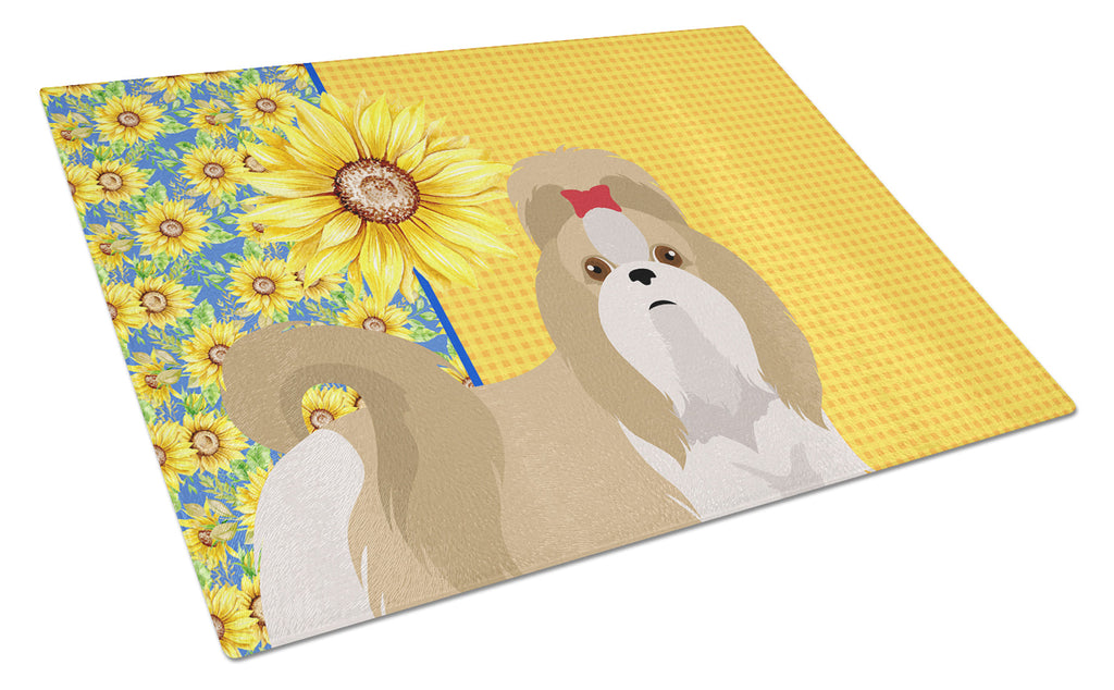 Summer Sunflowers Gold and White Shih Tzu Cutting Board Tempered Glass Kitchen Cutting Surface, Heat Resistant Chopping, Non-Slip Feet, Food Prep & Serving