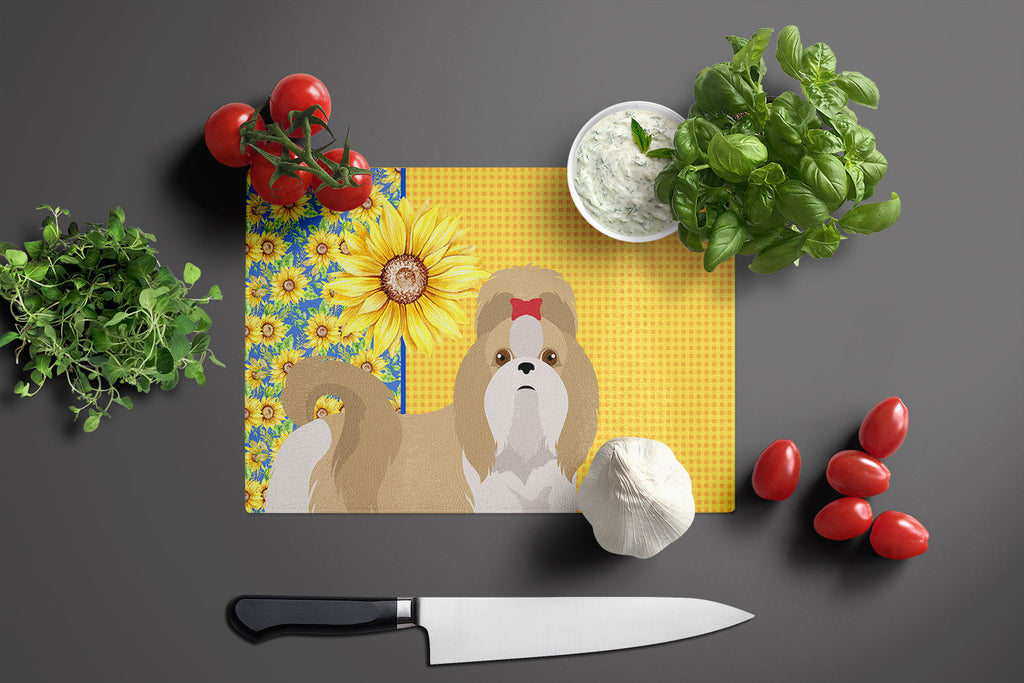 Summer Sunflowers Gold and White Shih Tzu Cutting Board Tempered Glass Kitchen Cutting Surface, Heat Resistant Chopping, Non-Slip Feet, Food Prep & Serving