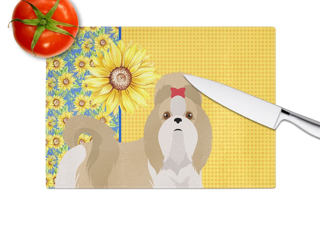 Summer Sunflowers Gold and White Shih Tzu Cutting Board Tempered Glass Kitchen Cutting Surface, Heat Resistant Chopping, Non-Slip Feet, Food Prep & Serving