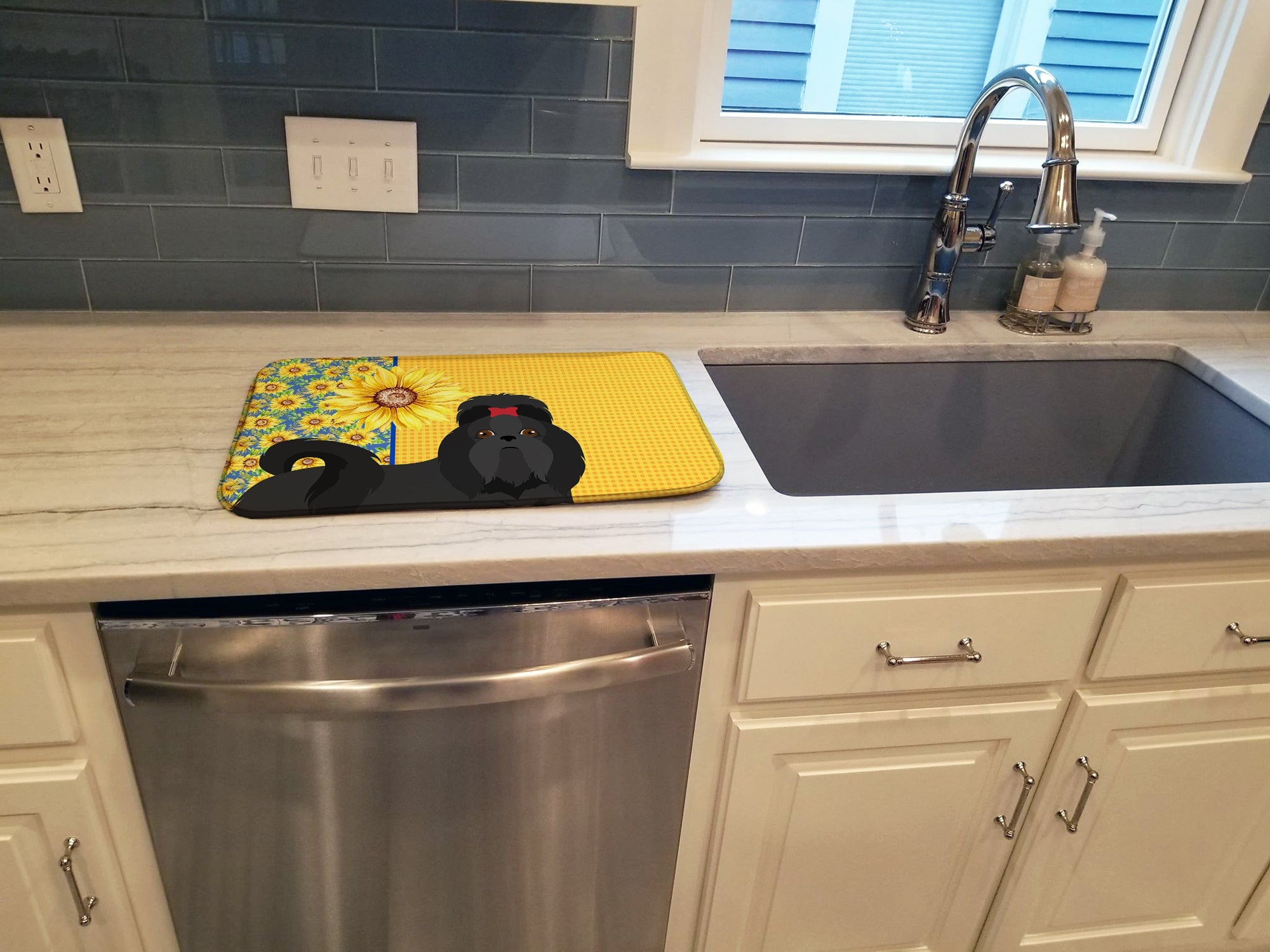 Summer Sunflowers Black Shih Tzu Dish Drying Mat Absorbent Dish Drying Mat Pad for Kitchen Counter Dish Drainer Mat for Countertop, 14 x 21", Multicolor