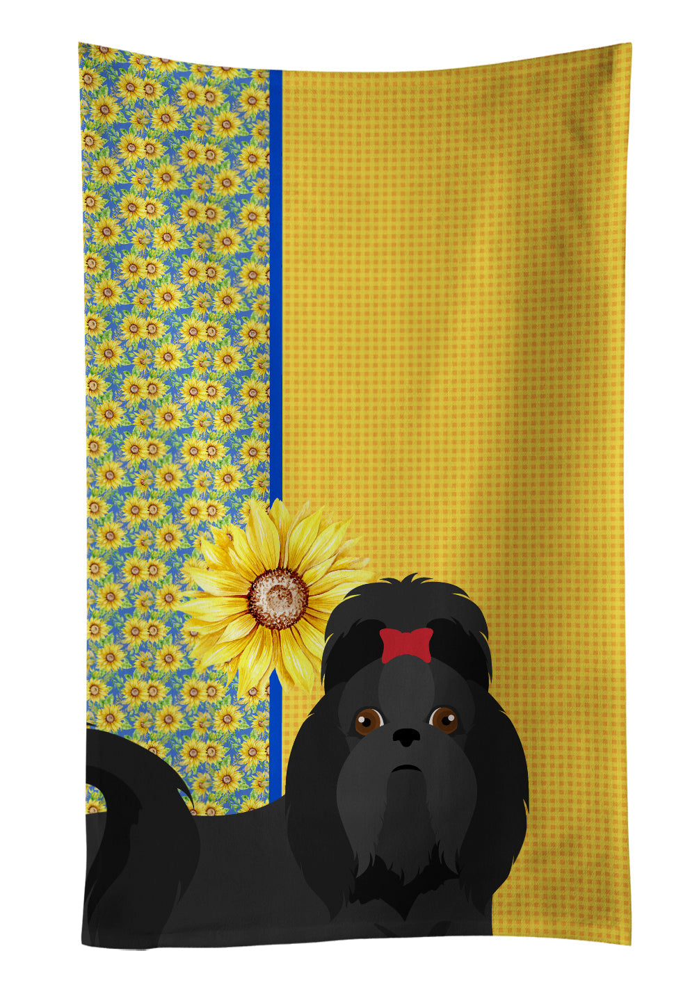 Summer Sunflowers Black Shih Tzu Kitchen Towel Velour Plush Front and Cotton Loop Back Machine Washable