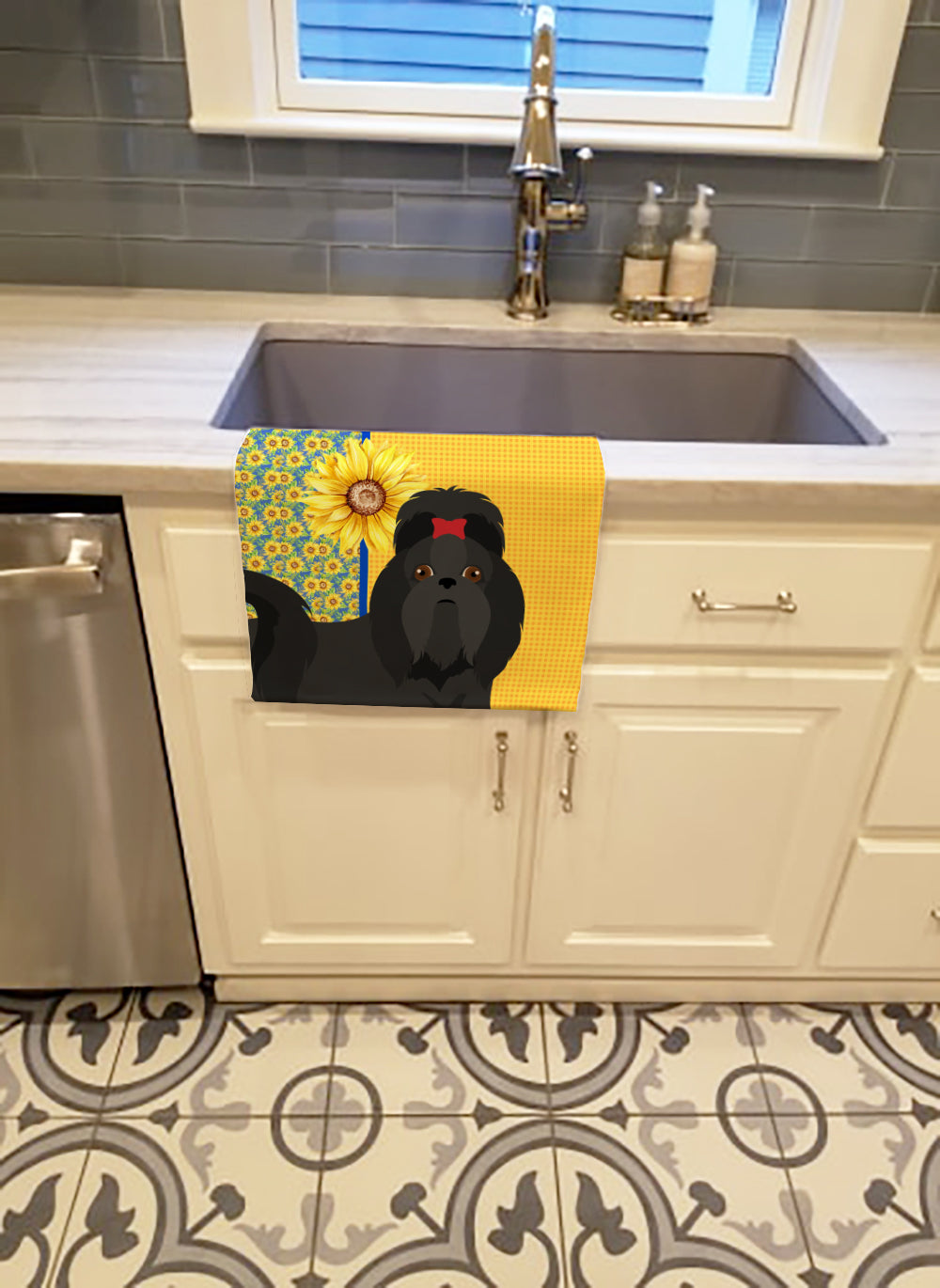Summer Sunflowers Black Shih Tzu Kitchen Towel Velour Plush Front and Cotton Loop Back Machine Washable