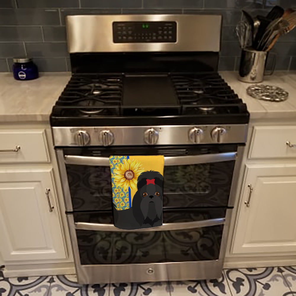 Summer Sunflowers Black Shih Tzu Kitchen Towel Velour Plush Front and Cotton Loop Back Machine Washable