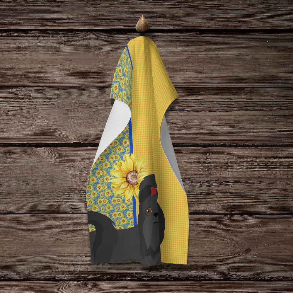Summer Sunflowers Black Shih Tzu Kitchen Towel Velour Plush Front and Cotton Loop Back Machine Washable