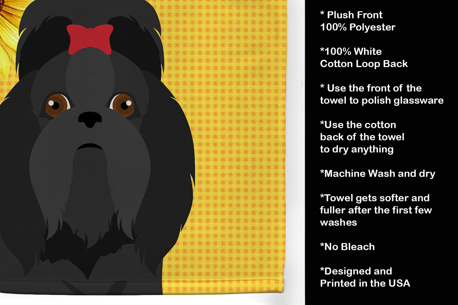 Summer Sunflowers Black Shih Tzu Kitchen Towel Velour Plush Front and Cotton Loop Back Machine Washable