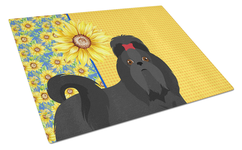 Summer Sunflowers Black Shih Tzu Cutting Board Tempered Glass Kitchen Cutting Surface, Heat Resistant Chopping, Non-Slip Feet, Food Prep & Serving
