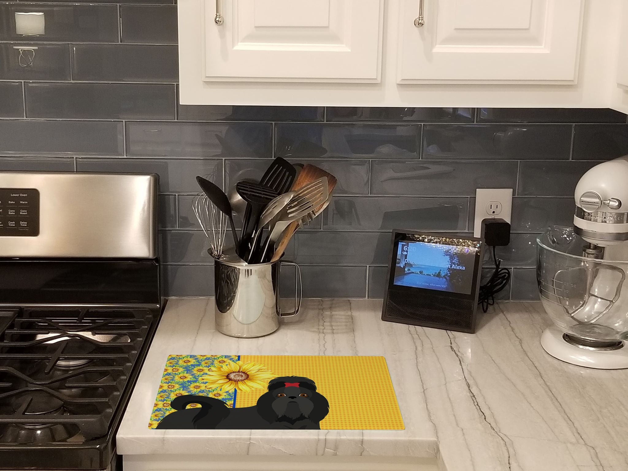 Summer Sunflowers Black Shih Tzu Cutting Board Tempered Glass Kitchen Cutting Surface, Heat Resistant Chopping, Non-Slip Feet, Food Prep & Serving