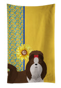 Summer Sunflowers Liver and White Shih Tzu Kitchen Towel Velour Plush Front and Cotton Loop Back Machine Washable