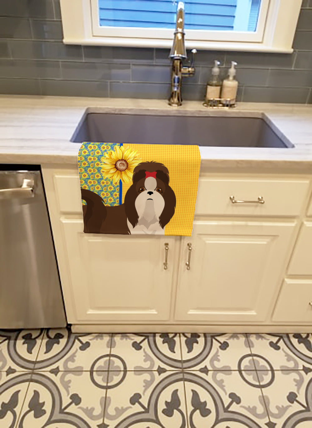 Summer Sunflowers Liver and White Shih Tzu Kitchen Towel Velour Plush Front and Cotton Loop Back Machine Washable