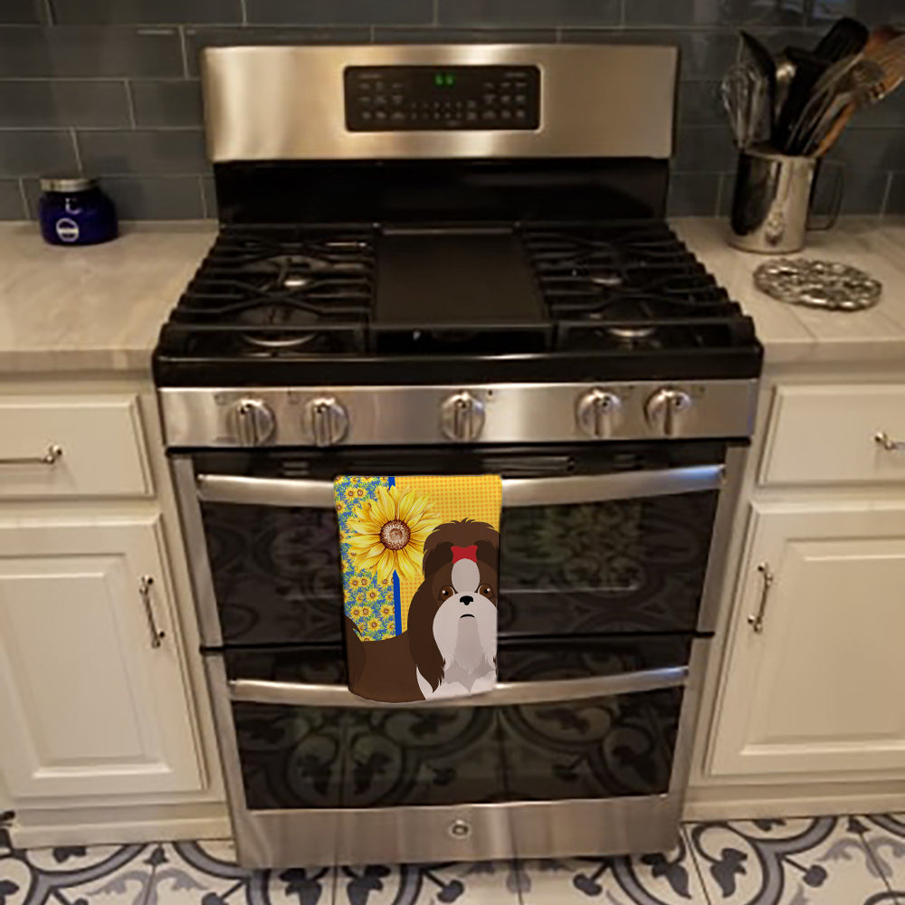 Summer Sunflowers Liver and White Shih Tzu Kitchen Towel Velour Plush Front and Cotton Loop Back Machine Washable