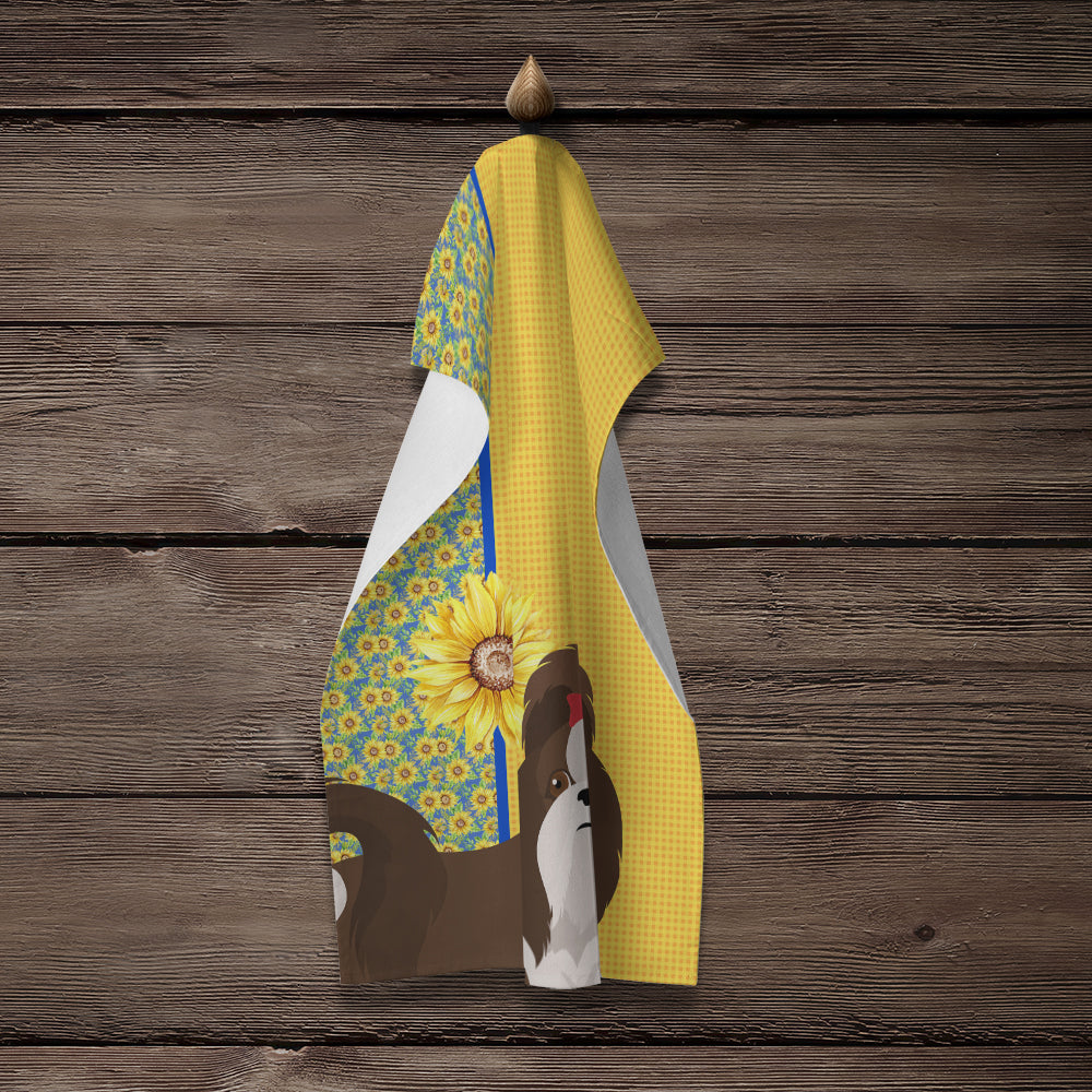 Summer Sunflowers Liver and White Shih Tzu Kitchen Towel Velour Plush Front and Cotton Loop Back Machine Washable