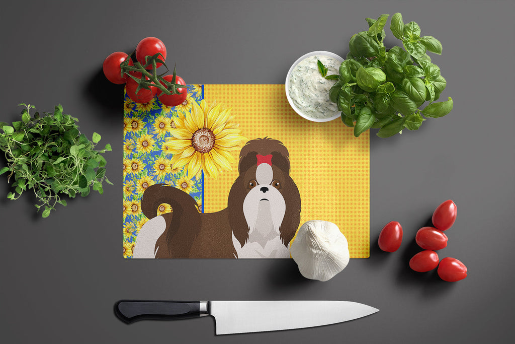 Summer Sunflowers Liver and White Shih Tzu Cutting Board Tempered Glass Kitchen Cutting Surface, Heat Resistant Chopping, Non-Slip Feet, Food Prep & Serving
