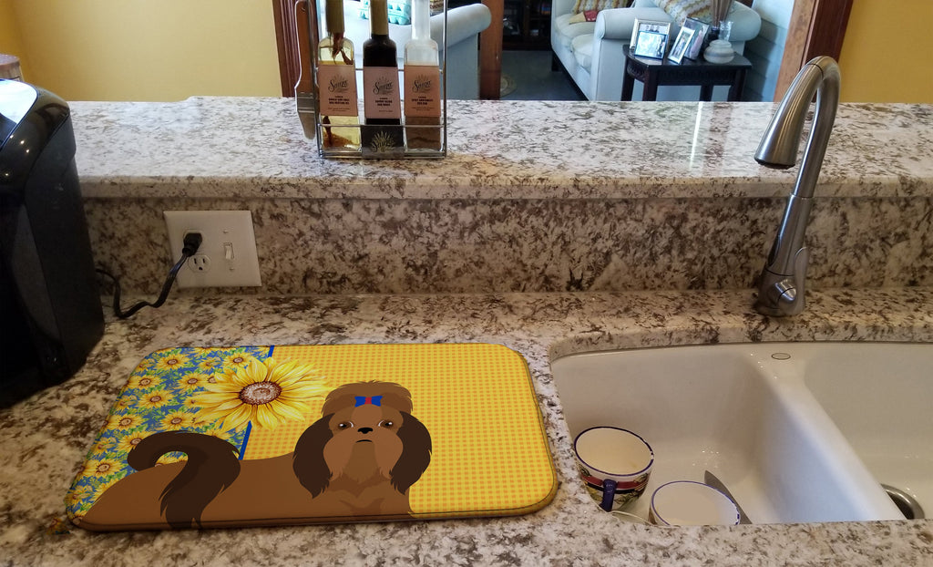 Summer Sunflowers Red Shih Tzu Dish Drying Mat Absorbent Dish Drying Mat Pad for Kitchen Counter Dish Drainer Mat for Countertop, 14 x 21", Multicolor