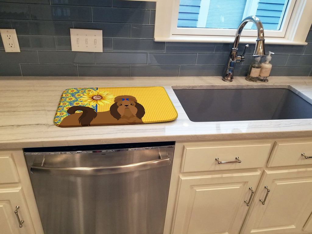 Summer Sunflowers Red Shih Tzu Dish Drying Mat Absorbent Dish Drying Mat Pad for Kitchen Counter Dish Drainer Mat for Countertop, 14 x 21", Multicolor