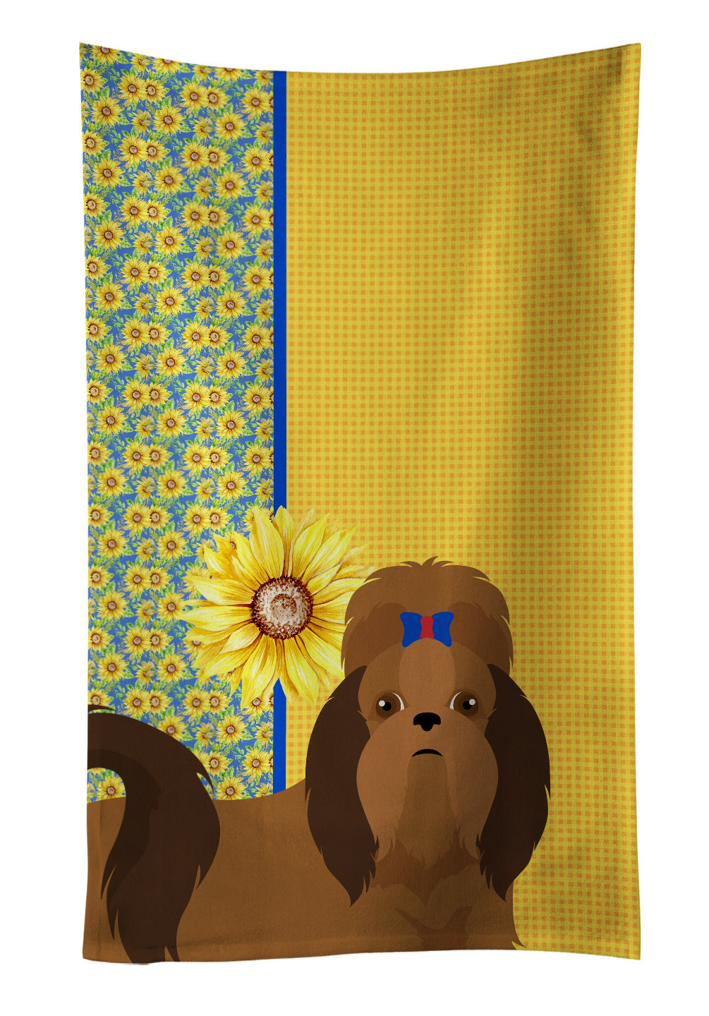 Summer Sunflowers Red Shih Tzu Kitchen Towel Velour Plush Front and Cotton Loop Back Machine Washable