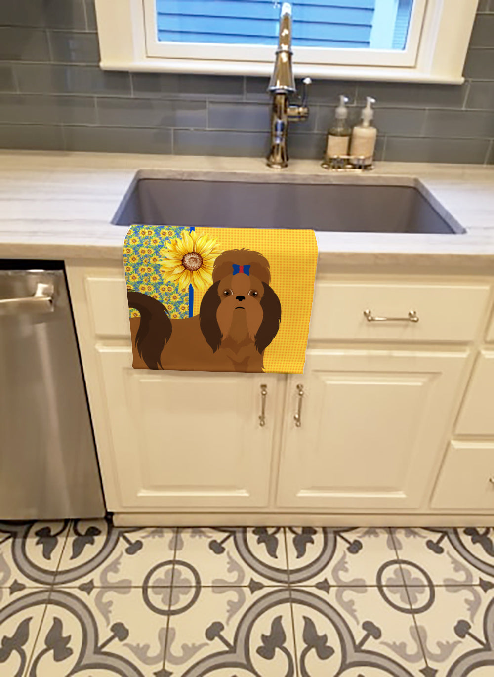 Summer Sunflowers Red Shih Tzu Kitchen Towel Velour Plush Front and Cotton Loop Back Machine Washable