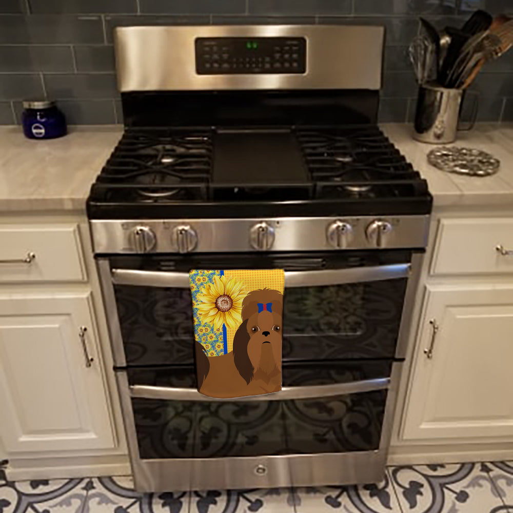 Summer Sunflowers Red Shih Tzu Kitchen Towel Velour Plush Front and Cotton Loop Back Machine Washable