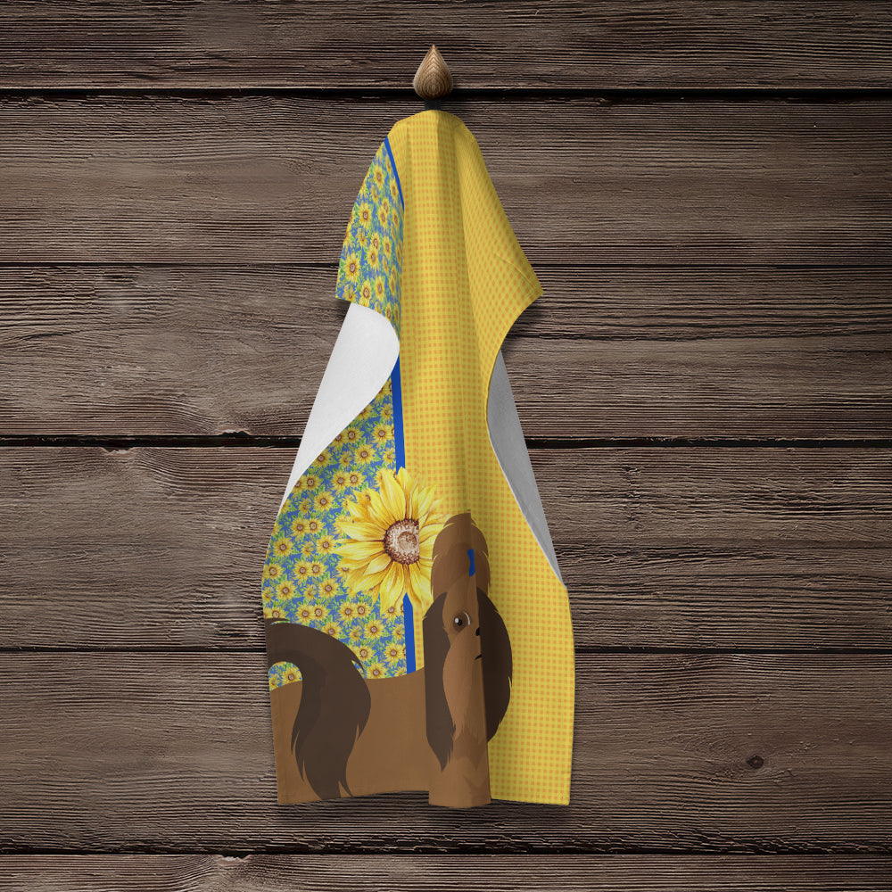 Summer Sunflowers Red Shih Tzu Kitchen Towel Velour Plush Front and Cotton Loop Back Machine Washable